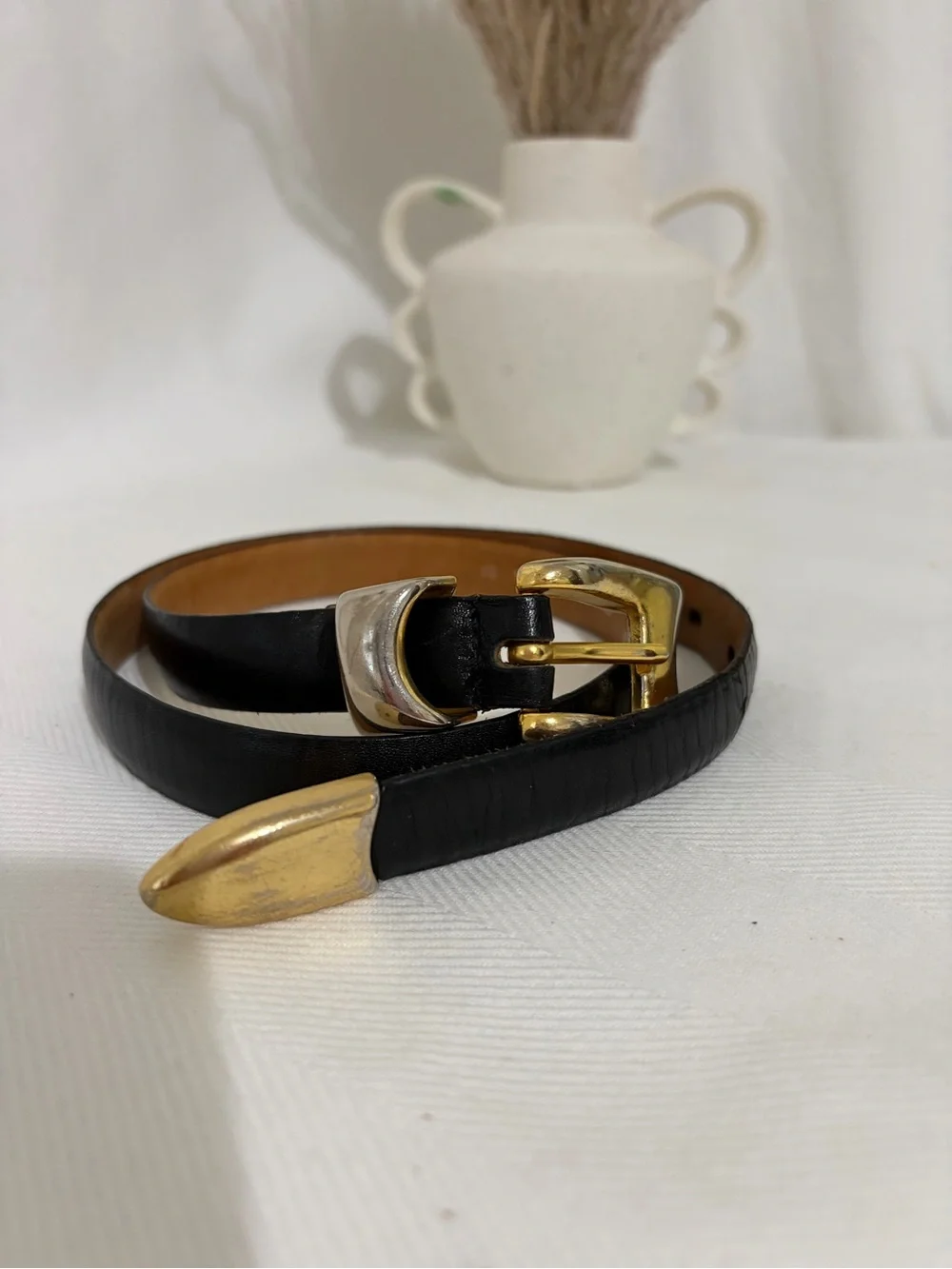 Kenneth Cole New York Genuine Leather Belt Gold Buckle S